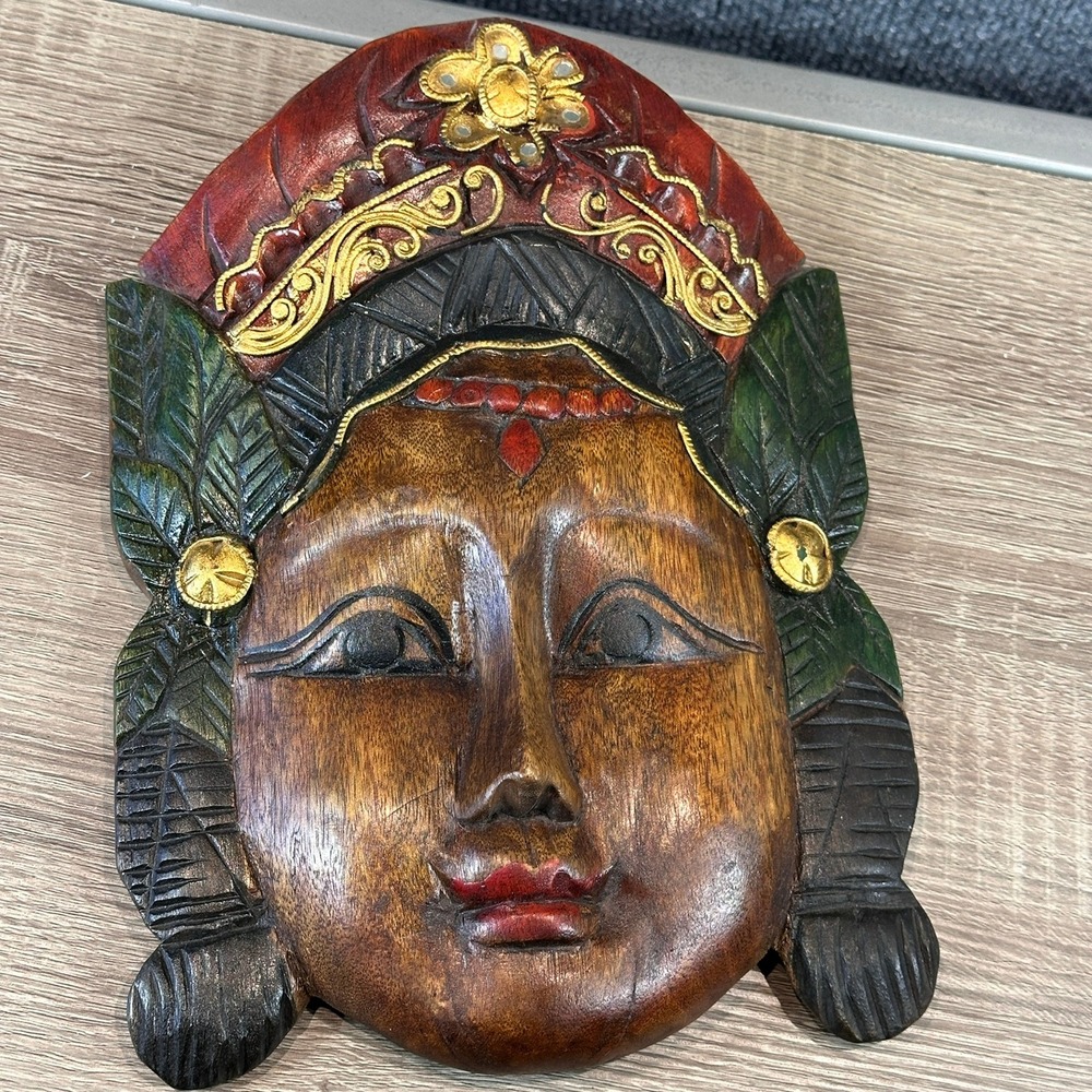 Wall Mask Hand Carved Wood Balinese Goddess Gold Red Green Folk Art Decor